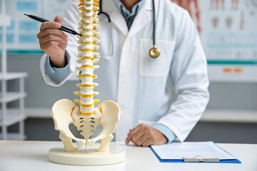 Doctor explains spinal anatomy using a detailed human spine model and medical chart