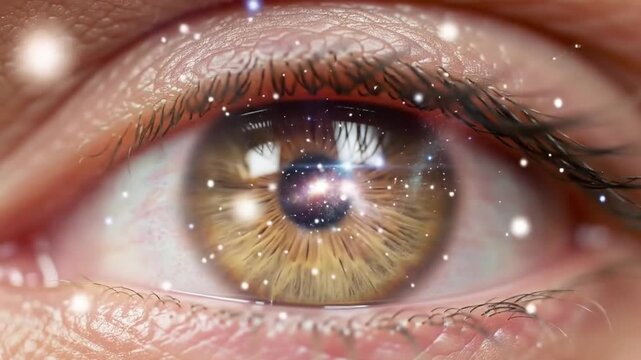 Conceptual macro photo of a human eye with a galactic nebula reflection, representing the universe within and consciousness.