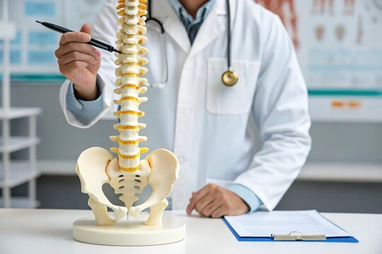 Doctor explains spinal anatomy using a detailed human spine model and medical chart