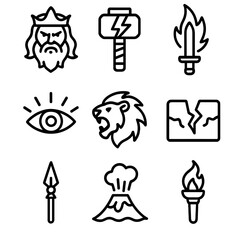 Naklejka premium Mythic Wrath Icons. Outline icon set of mythic wrath: angry god, thunder hammer, flaming sword, wrathful eye, roaring lion,