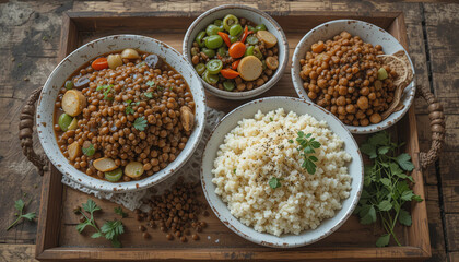 Fototapeta premium Rustic wooden tray with bowls of lentils, rice, and mixed vegetables – home-style dinner