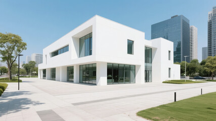 Modern white building with large glass windows and minimalist design, set against a clear blue sky.