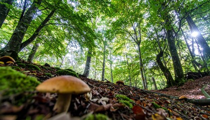 Fototapeta premium Low Angle View of Forest Floor with Mushrooms and Sunbeams Through Lush Green Canopy