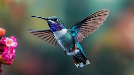 Fototapeta premium Beautiful hummingbird hovering near the spring flowers. Wildlife and nature photography concept