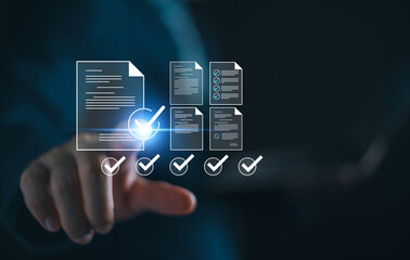 Checklist business performance monitoring concept, Businessman doing online survey filling out...