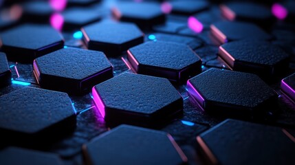 Obraz premium Close-up of dark hexagonal, textured panels with vibrant neon accents