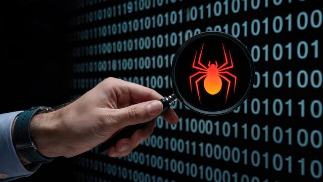 Magnifying glass reveals vibrant spider virus symbol in digital binary code data stream - Powered by Adobe