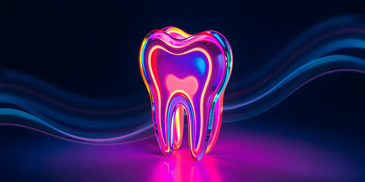 A colorful 3D design of a tooth illuminated with neon hues highlights the innovation in dental health. This artwork represents the importance of oral hygiene and care