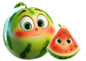 Cute smiling cartoon watermelon character with slice on transparent background