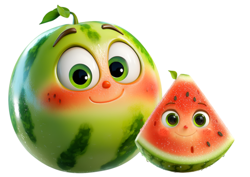 Cute smiling cartoon watermelon character with slice on transparent background