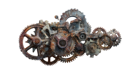 A complex arrangement of rusty gears