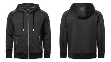 Front and back view of a black hooded jacket isolated on white background