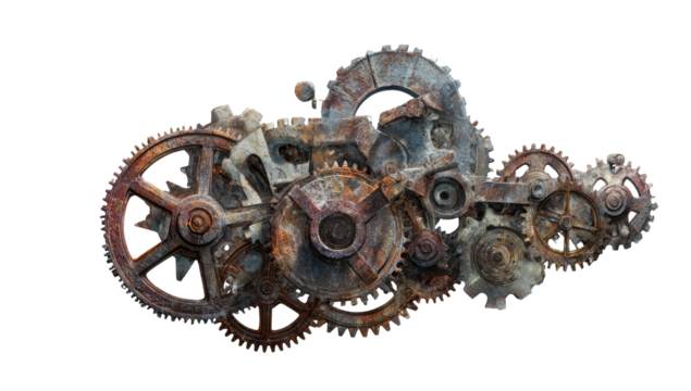 A complex arrangement of rusty gears