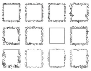 A collection of hand-drawn vector frames decorated with fruits and foliage elements