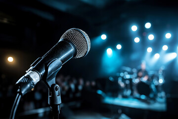 concert microphone on the stage with lights and copy space
