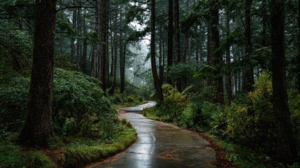 Obraz premium Picture of a path in a wet forest, beautiful, quiet and with a cool atmosphere like after rain, nature, tranquility, hiking and humidity.