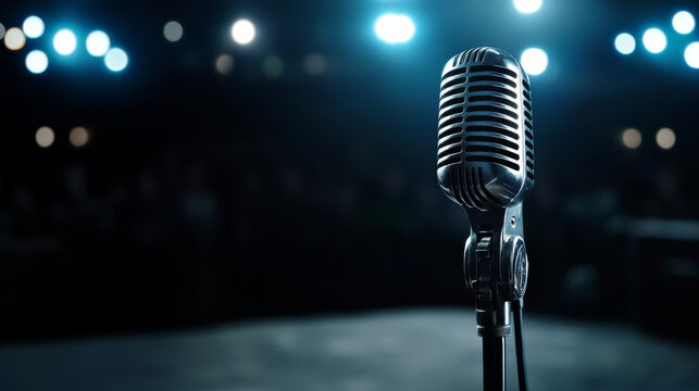 microphone on the stage in blue lights with copy space