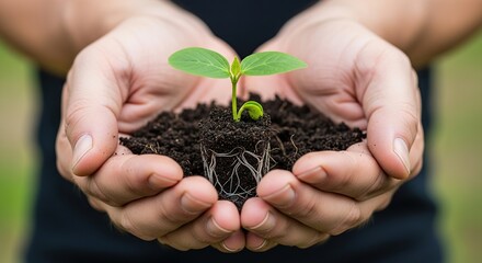 Hands holding a small plant seedling with soil and roots