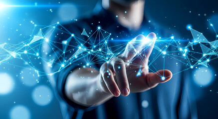 Man interacts with a futuristic digital network and data connection