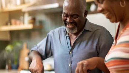 Joyful couple preparing a meal together in a kitchen filled with sunlight. Useful for cooking blogs and advertising of kitchen utensils.
