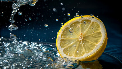 Fresh lemon slice with water splash and drops on dark background