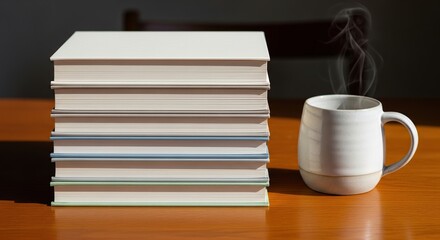 Fototapeta premium Stack of books next to a steaming mug of coffee on a table