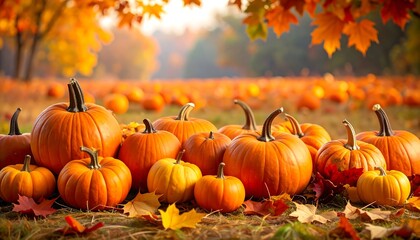 Naklejka premium Orange Pumpkins with Autumn Leaves in Field Background