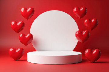 A white podium surrounded by floating red heart shapes on a vibrant red background for valentine s day celebrations