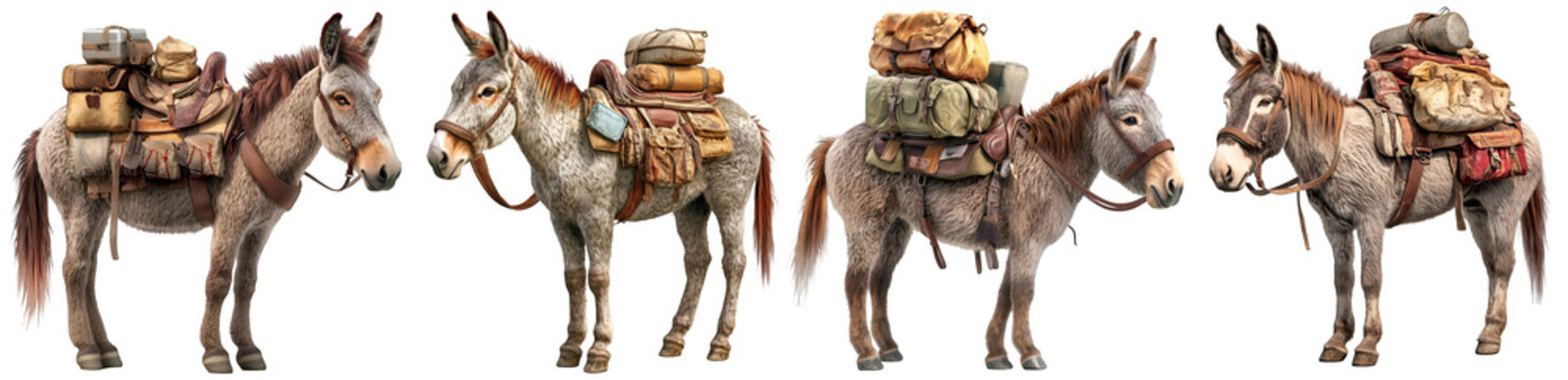 Set of pack mules carrying supplies and cargo in a line, isolated on transparent background

