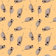 Watercolor seamless pattern with toy mice for cats on yellow background, wallpaper with cute little grey mouses, adorable hand painted digital illustration
