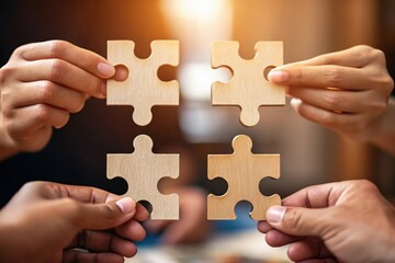 Four hands carefully connect wooden puzzle pieces together symbolizing teamwork and collaboration