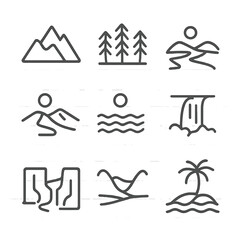 Nature Icon Set. Outline icon set of nature and landscapes: mountain, forest, river, desert, ocean, waterfall, canyon, valley,