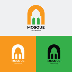 Bold mosque logo set with arch frame, dome, and minarets in green, orange, and black. Great for Islamic branding, mosque identity, and religious design projects.