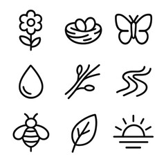 Obraz premium Nature Awakening Icons. Outline icon set of nature awakening: flower, bird nest, butterfly, dew, tree branch, river, bee, leaf,