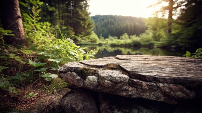A peaceful forest scene with a large flat rock near a calm river at sunset