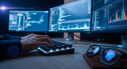 Person's hands typing on illuminated keyboard, multiple monitors displaying data graphs and code, low light setting.