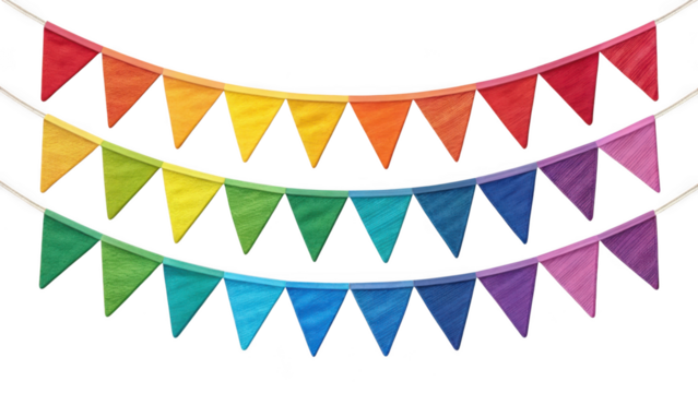 Colorful rainbow triangle bunting flags isolated on transparent background