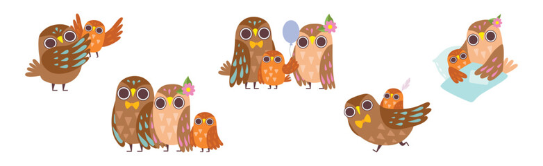 Happy Owl Family with Father, Mother and Baby Vector Set