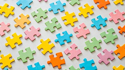 Naklejka premium Colorful jigsaw puzzle pieces scattered on white background