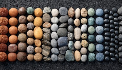 Colorful stones arranged in a long horizontal pattern on a dark surface