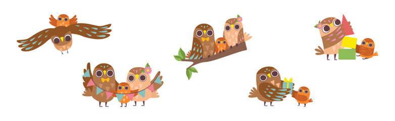Happy Owl Family with Father, Mother and Baby Vector Set