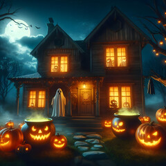 A spooky Halloween night scene featuring a wooden haunted house.