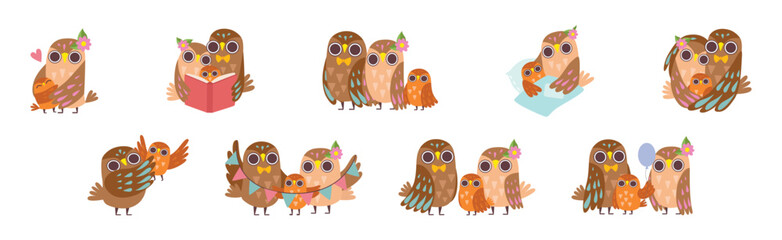 Happy Owl Family with Father, Mother and Baby Vector Set