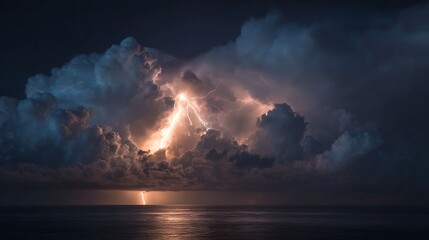 Fototapeta premium Dramatic lightning storm over the ocean at night.