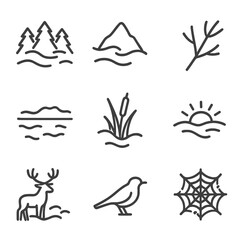 Nature Icons in Fog. Outline icon set of nature in fog: forest silhouette, mountain peak emerging, lake with mist, tree branch