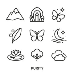 Nature Purity Icon Set. Outline icon set of purity in nature: snow mountain, crystal cave, clear lake, morning dew, white