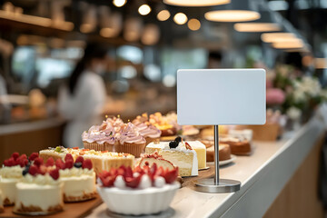 A vibrant display of assorted cakes and pastries on a counter in a modern cafe, featuring delicious desserts adorned with fresh fruits and beautiful decorations.