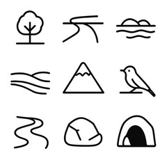 Obraz premium Nature Solitude Icons. Outline icon set of nature solitude: lone tree, empty path, quiet lake, solitary mountain, empty field,