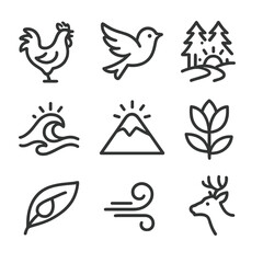 Nature Wake-Up Icons. Outline icon set of nature wake-up themes: rooster crowing silhouette, bird fluttering outline, forest path