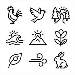 Obraz premium Nature Wake-Up Icons. Outline icon set of nature wake-up themes: rooster crowing silhouette, bird fluttering outline, forest path